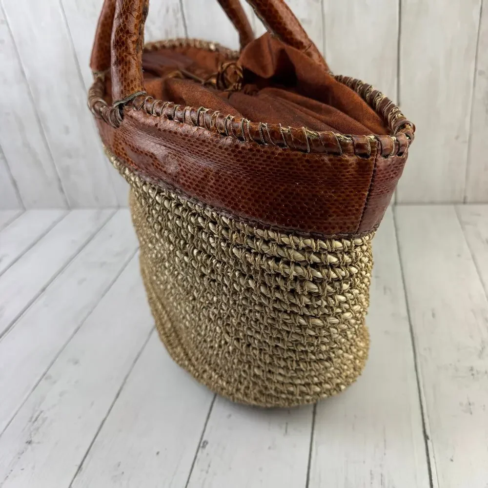 VTG Beirn Brown Cotton Raffia and Leather Trim Shoulder Tote Bag Hand Made